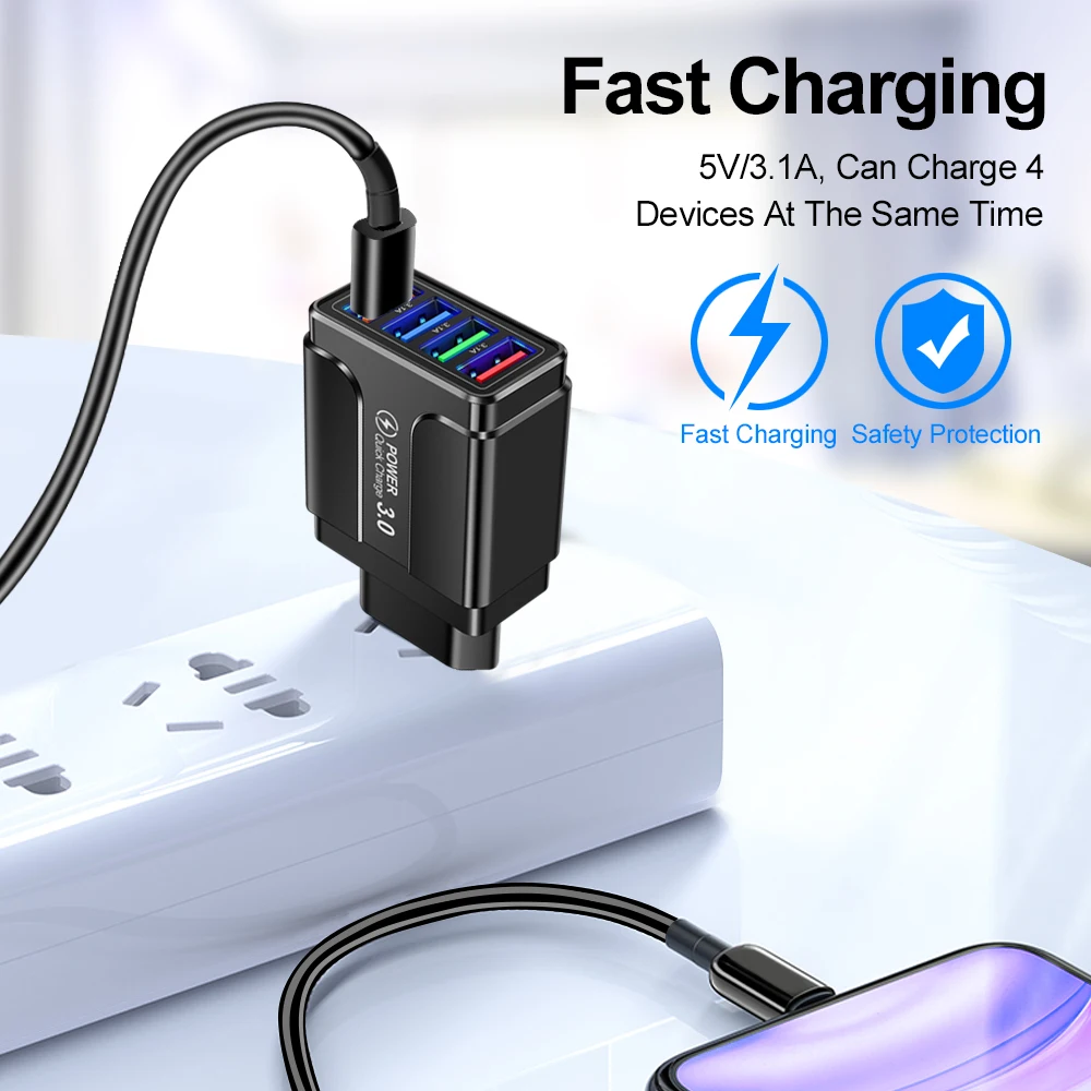 4 Ports Quick Charge 3.0 Wall Fast Charger Adapter Micro USB Fast Data Sync Charger Cable for Samsung Xiaomi Huawei Mobile Phone