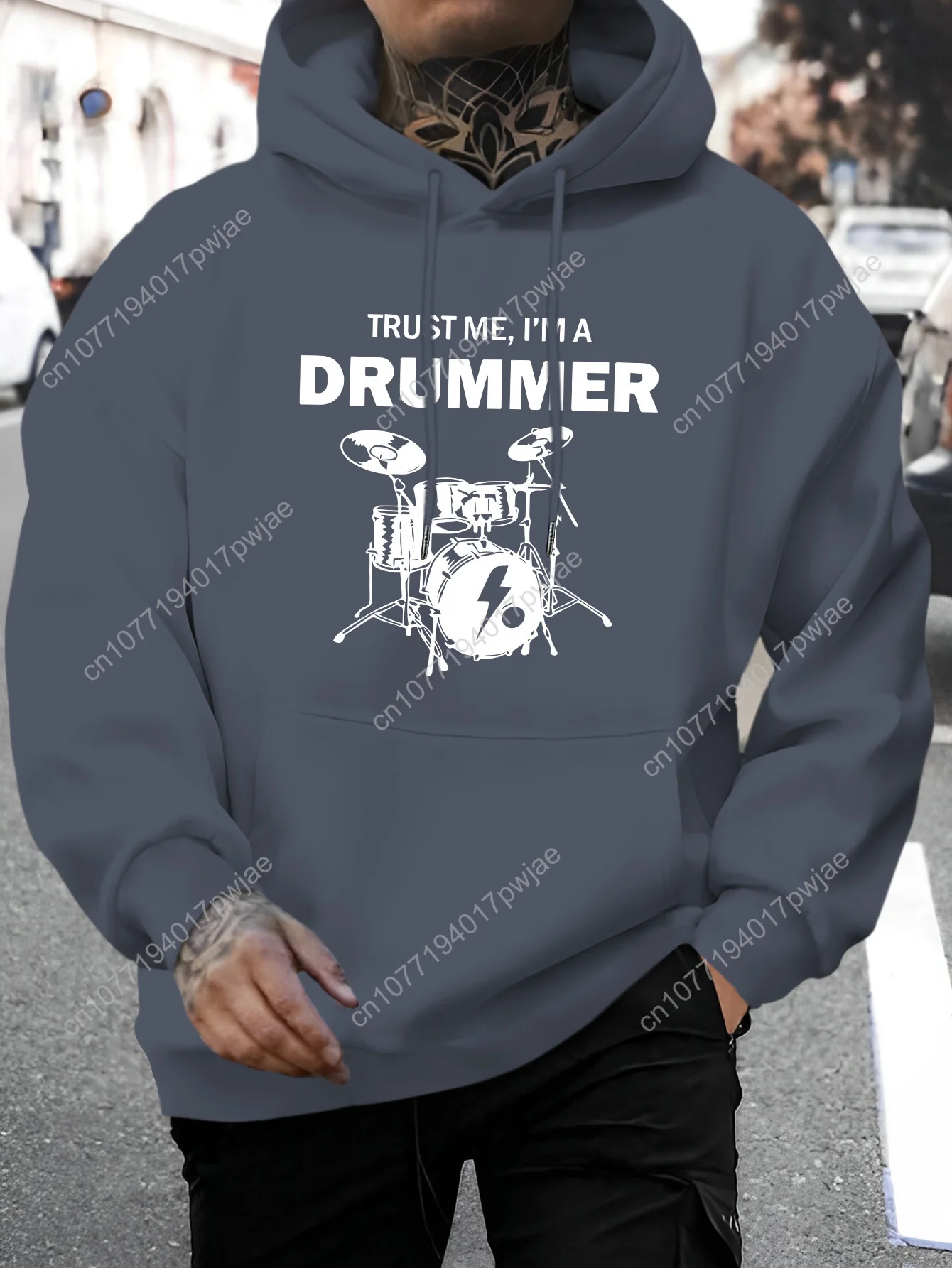 [Felpa con cappuccio grafica da uomo] Felpa con cappuccio grafica casual "Trust Me, I'm a Drummer" da uomo - Comodo pullover a maniche lunghe con coulisse,