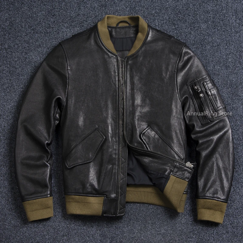 Bomber Ma-1 Genuine Leather Jacket Mens Natural Tanned Sheepskin Coat Vintage Air Force Leather Cloth Soft Plus Size