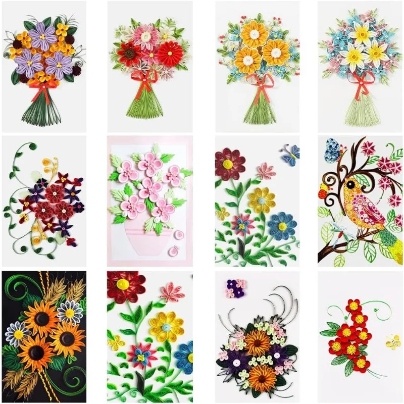 1 Satz 12 Stück Quilling Papiers chablonen mit 36 Farben Streifen Blumen-/Vogel muster Pappe DIY Papier Quilling Werkzeuge Zeichnung