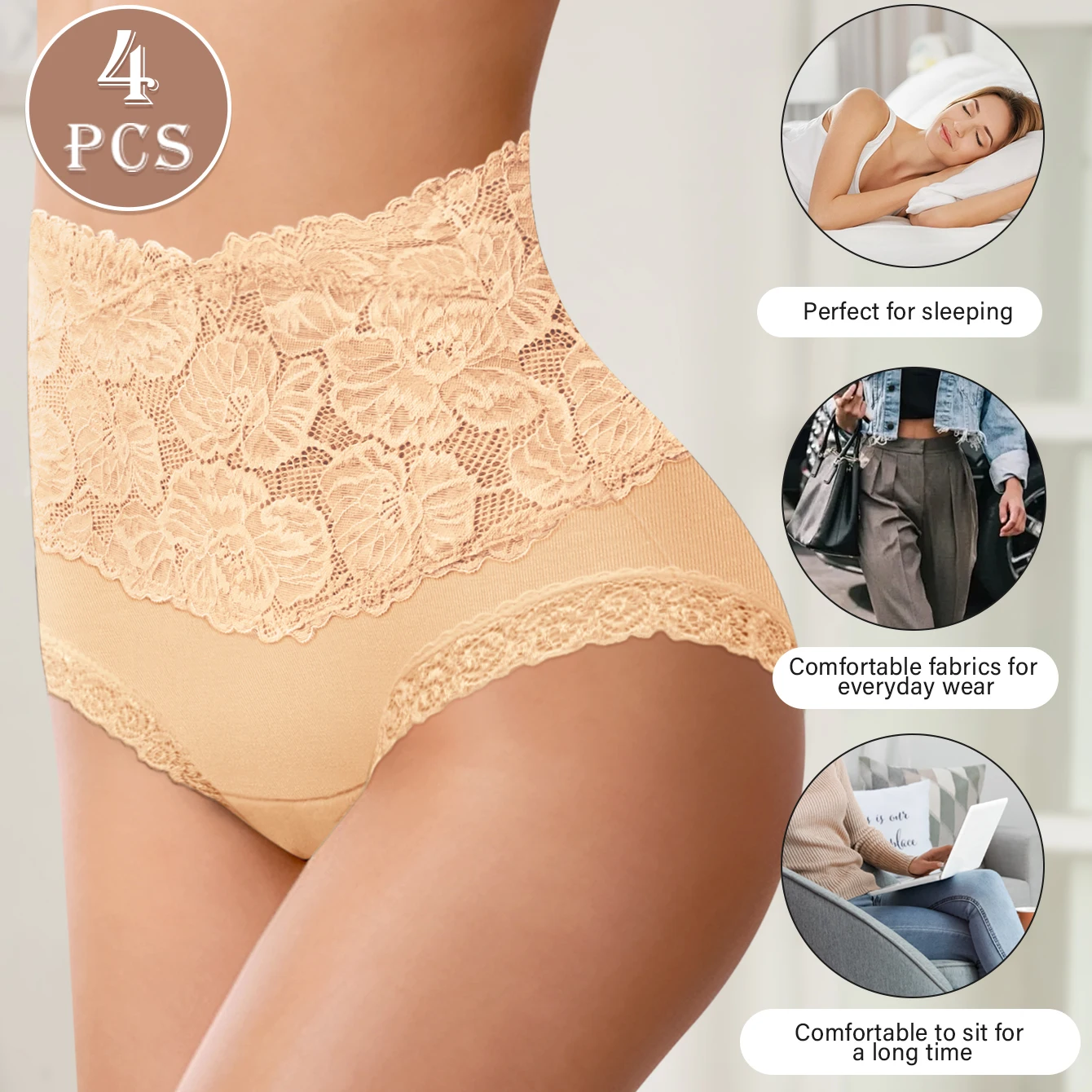 4pcs High Waisted Panties Ladies Jacquard Pattern Sexy Lace Hip Lifting & Shaping Skin Friendly & Soft Comfortable Cotton - Image 2
