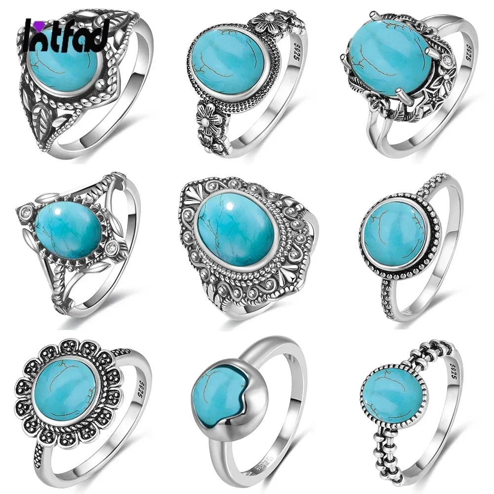 

S925 Sterling Silver Ring Vintage Ring Gemstone Ring Silver Fine Jewelry Natural Turquoise Rings