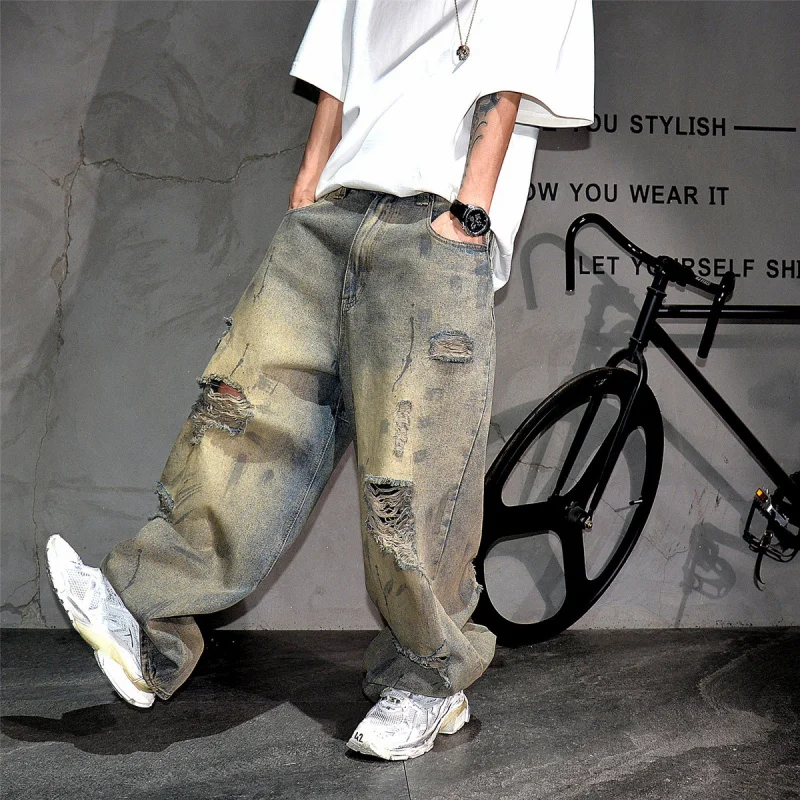 High Street Vibe Wasteland Aged Dirty Wash Jeans, Men’s Hiphop Distressed Ripped Stacked Wide Leg Denim