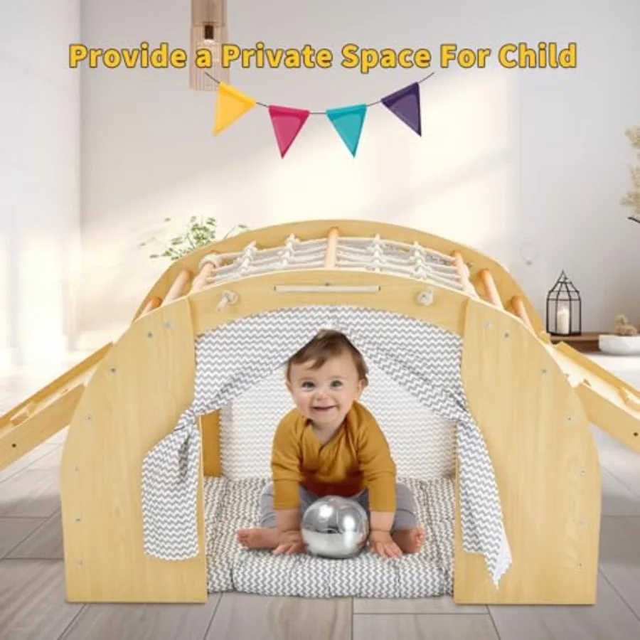 Giocattoli da arrampicata per bambini 1 scalatore ad arco con 2 rampe per scorrere o arrampicata, casa da palestra per giochi in legno per interni con cuscino per tenda e fare