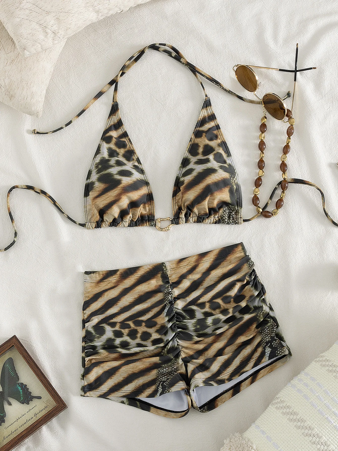 

Women's Leopard & Zebra Print Bikini Set, Halter Triangle Top with High Waist Ruched Shorts Two Piece Swimsuit for Beach Vacatio