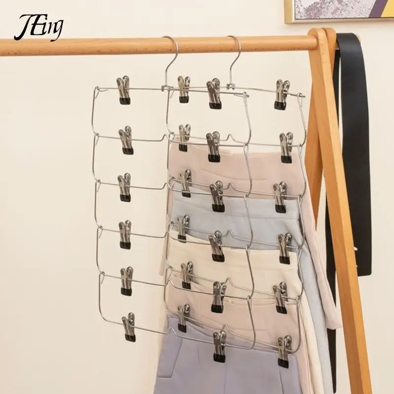 

4/6-Tier Skirt Pants Shorts Hangers with Adjustable Clips Space Saving No Slip 12 Clips Clothing Storage Metal Skirt Rack