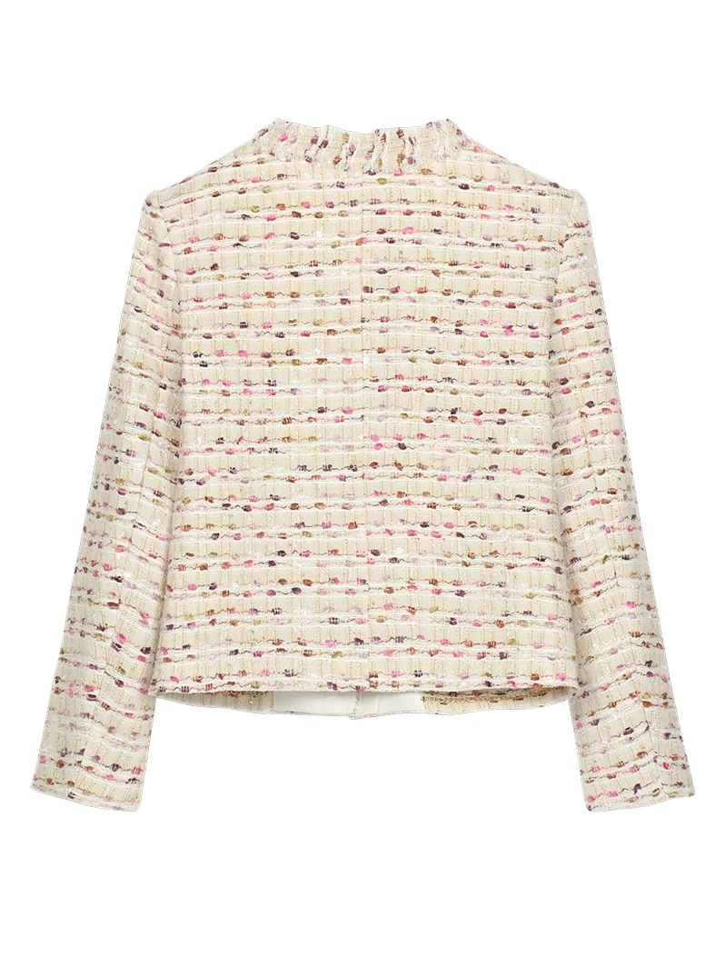 Elegant Multicolor Fleck Tweed Jacket for Women Luxury V-Neck Fringe Trim Silver Buttons Short Blazer Coat 25199