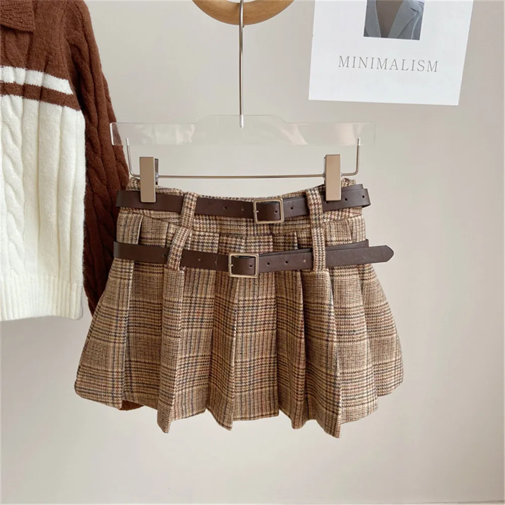 

High Waist Plaid Double Belted Skirts Womens Preppy Style Mini Skirts Vintage Pleated Skirt Korean Tennis Skirts Short Faldas