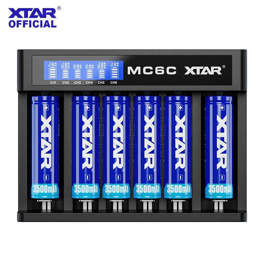 XTAR MC6C Charger 6 Slot LCD Smart Lithium Battery Charger USB-C & DC Input 3.6V Li-ion & Ni-MH Battery Charger