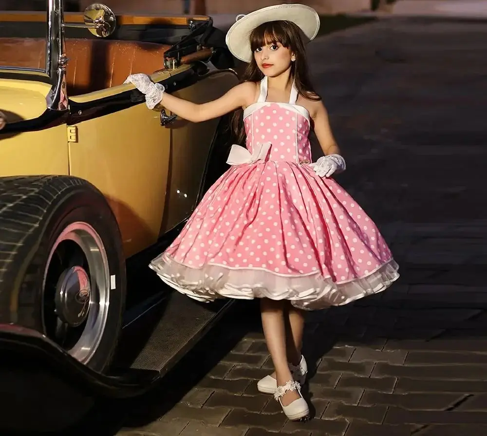 

Pink Halter Polka Dot Flower Girl Dresses For Wedding Sleeveless Bow A-Line Party Dresses For Kids Birthday Gown Custom
