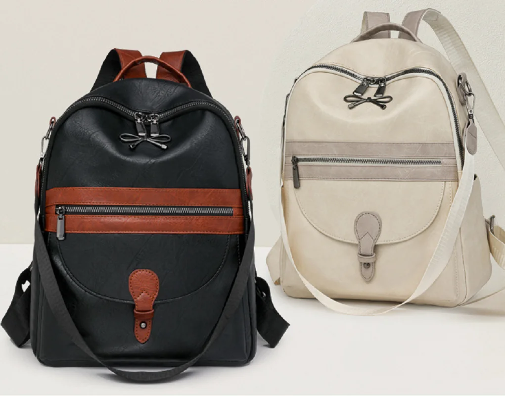 New Korean Fashion Soft Leather Double Zipper Travel Backpacks Women's Vintage Large Capacity Shoulder Bags School Bag Totes