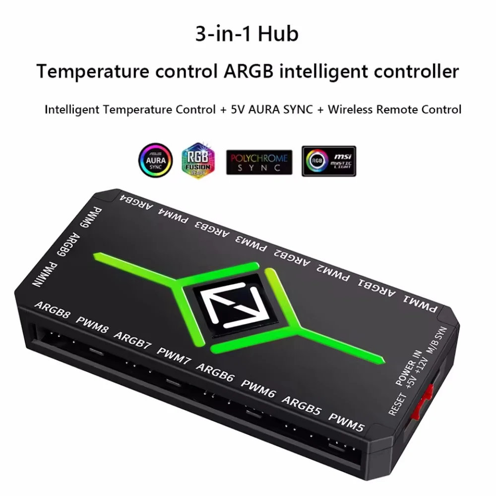 3 in 1 5V 3 Pin ARGB Controller Cooling Fan Hub 4 Pin PWM Magnetic Suction Hub PWM Fan Hub 1To9 Ports for Computer PC Case Fan image 4