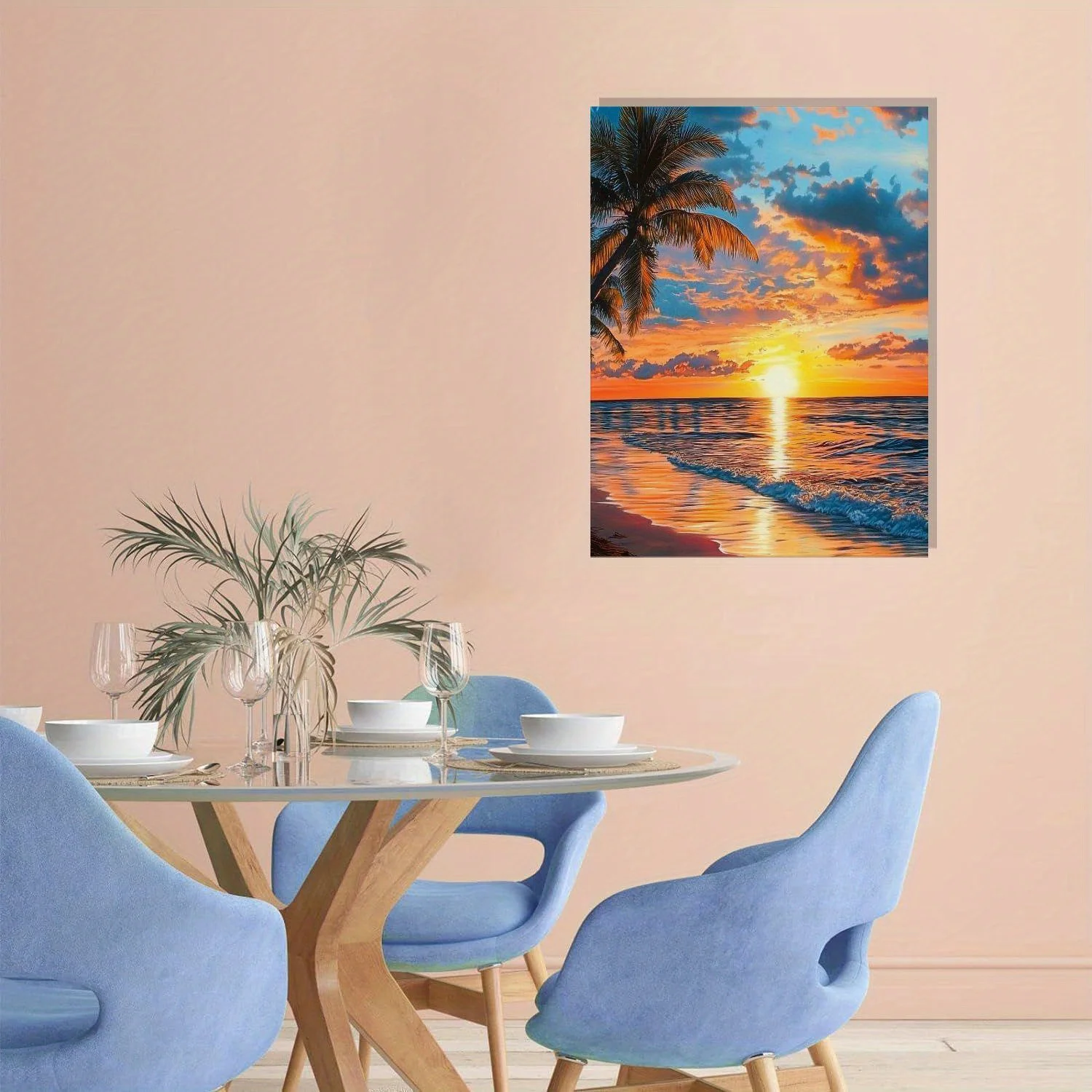 Romantische kustmuurschildering met zonsondergang Warme afterglow op de kalme zee met de schoonheid van de schemering Zeegezicht Decoratief canvas schilderij