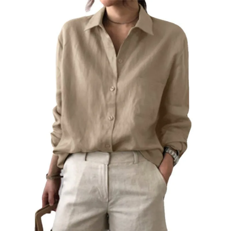 

Women's Linen Button-Down Shirt - Loose Long-Sleeve Casual Blouse Multi-Color