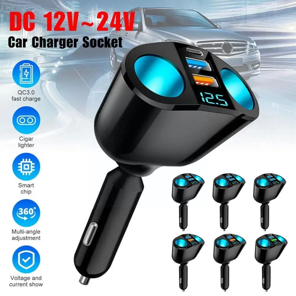 dual car cigarette lighter adaptor Car Cigarette Lighter 12V-24V Socket Splitter Blue Atmosphere Light PD  QC3.0 2 USB Charger C Ports For Mobile Phone DVR Chargers