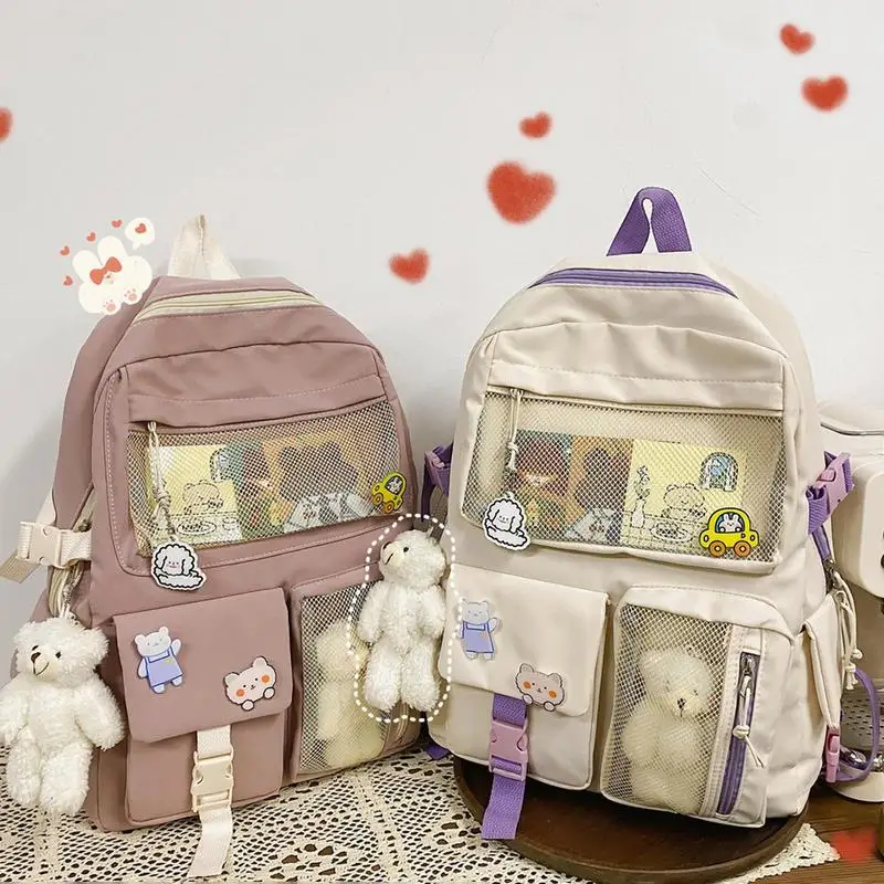 Backpack High Capacity Cute Aesthetic Girls School Bag Multiple Pockets Bear Accessories Anime School Bags For Girls