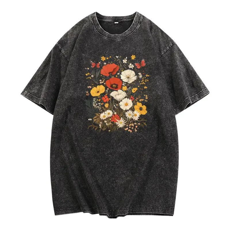 

Urban - style Distressed - floral Tee: Stand Out with a Memorable and Stylish Design that Blends Washed Texture and Floral Beaut