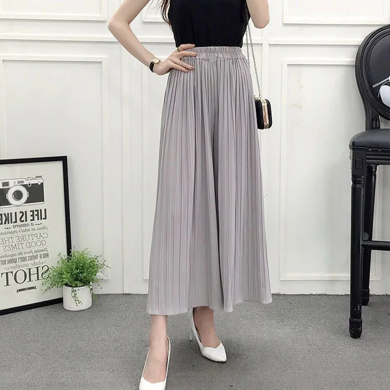 Lucyever 2023 Summer Thin Wide Leg Pants Women Casual Loose Elastic Waist Pleated Trousers Female Chiffon Ankle Length Pants