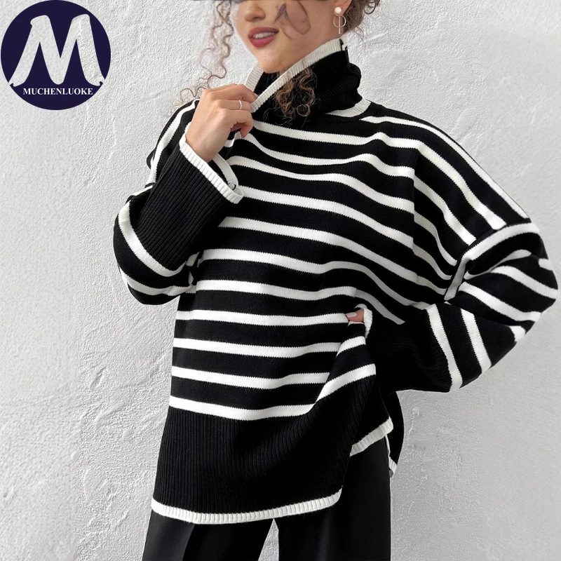 여성용 하이넥 니트 스웨터 가을 겨울 스트라이프 캐주얼 루즈핏 보온 풀오버 패션 다용도 두꺼운 니트웨어