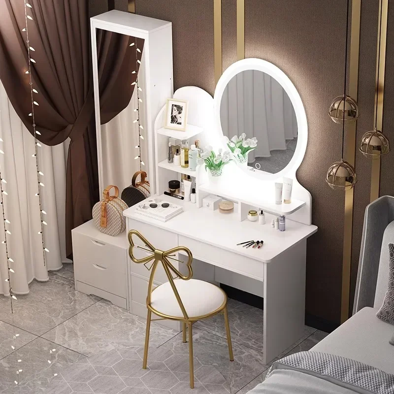 Modern dressers Luxury design vanity makeup table leather and stainless steel dressing table with mirror and stool