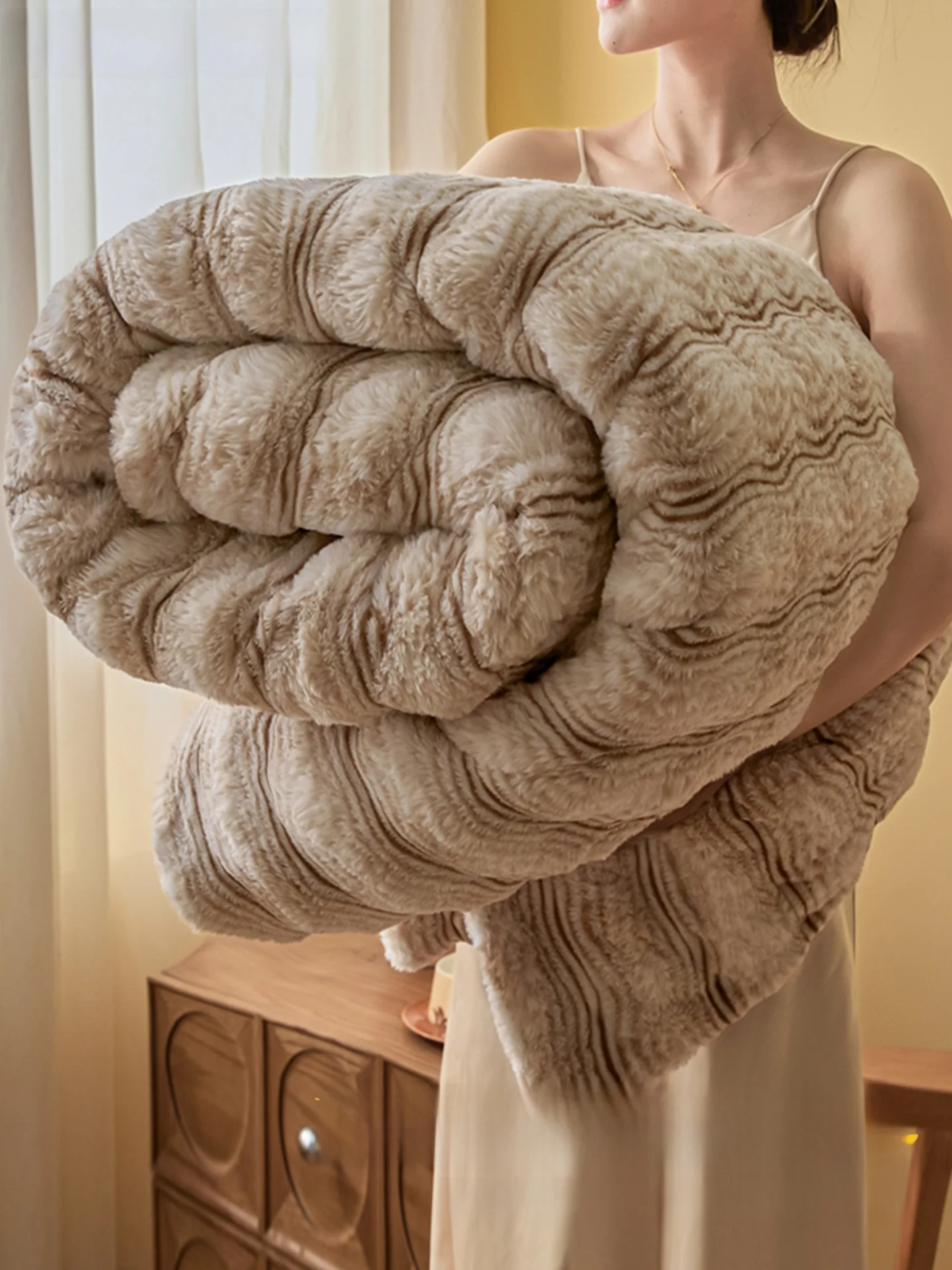 

Плед из кроличьего меха для зимы, офиса, дивана, премиум-класса, для сна, новинка 2025 года, мягкий, теплый, плюшевый плед