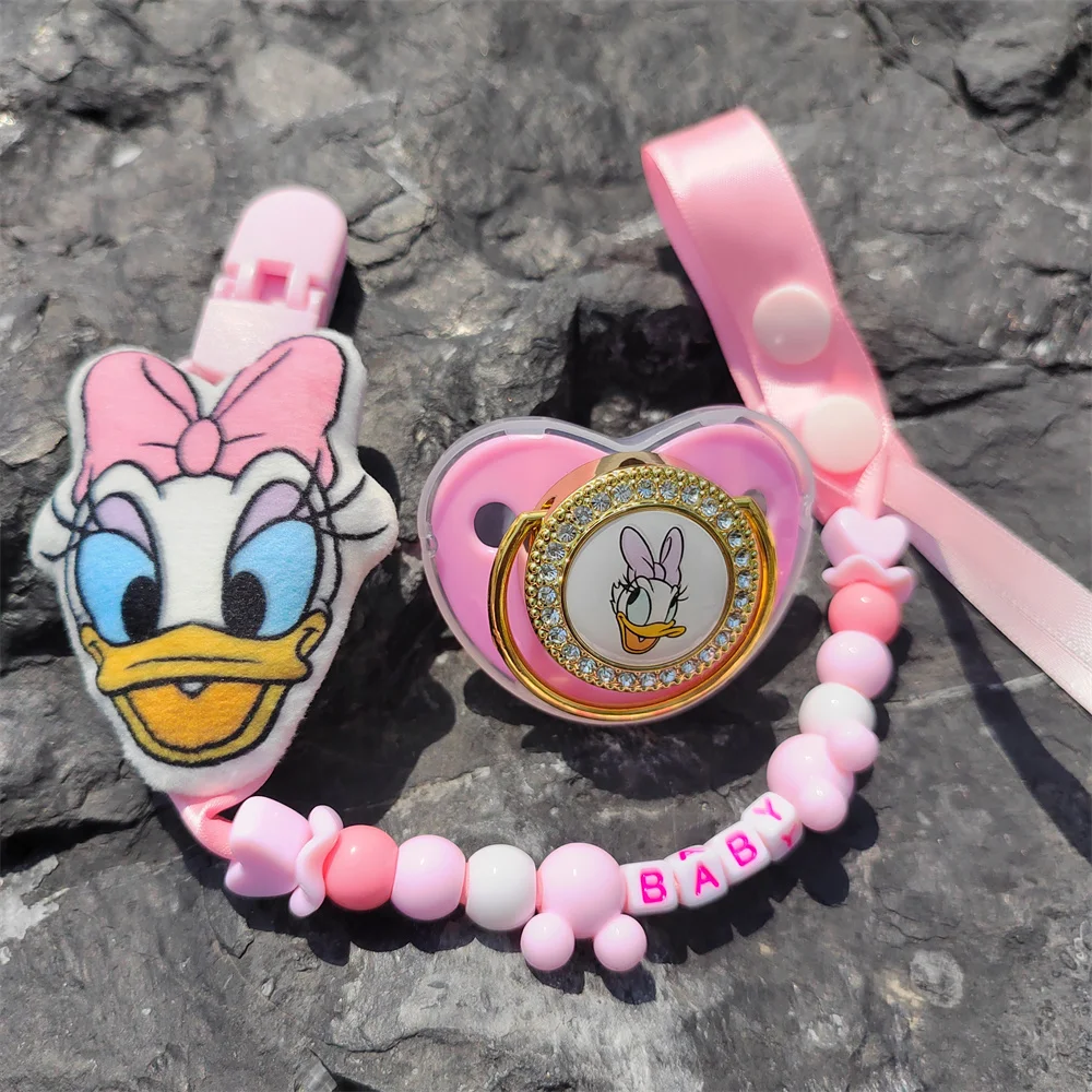 Kawaii Pink 6cm Daisy Duck Plush Ornament Doll Nipple Chain and Pacifiers Disney Personalized with English Name Dummy Soothers