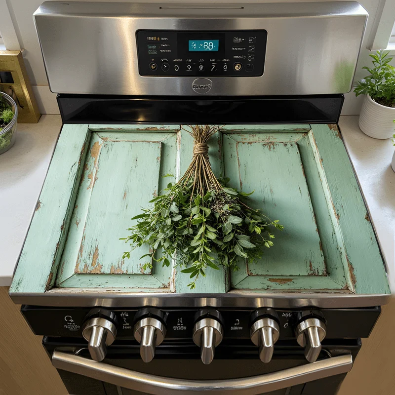 Distressed Turquoise Wood Greenery Stove Top Cover, Non-Slip Heat Resistant Burner Cover, Decorative Kitchen Stove Protector for