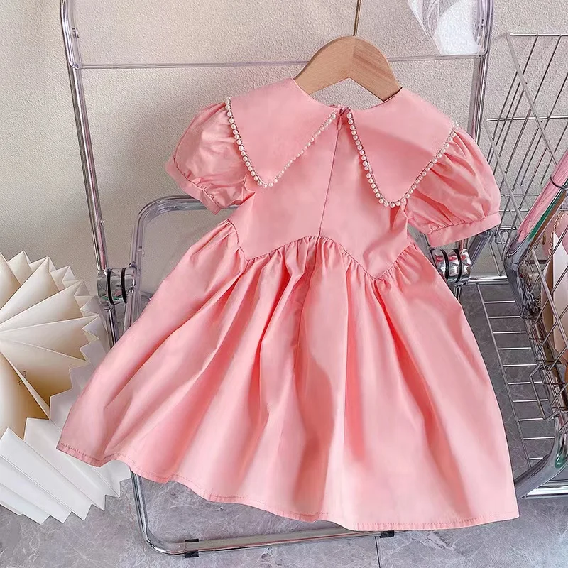 Robe d'été à manches courtes pour fille, tenue de princesse rose avec revers et perles, à la mode, 2024