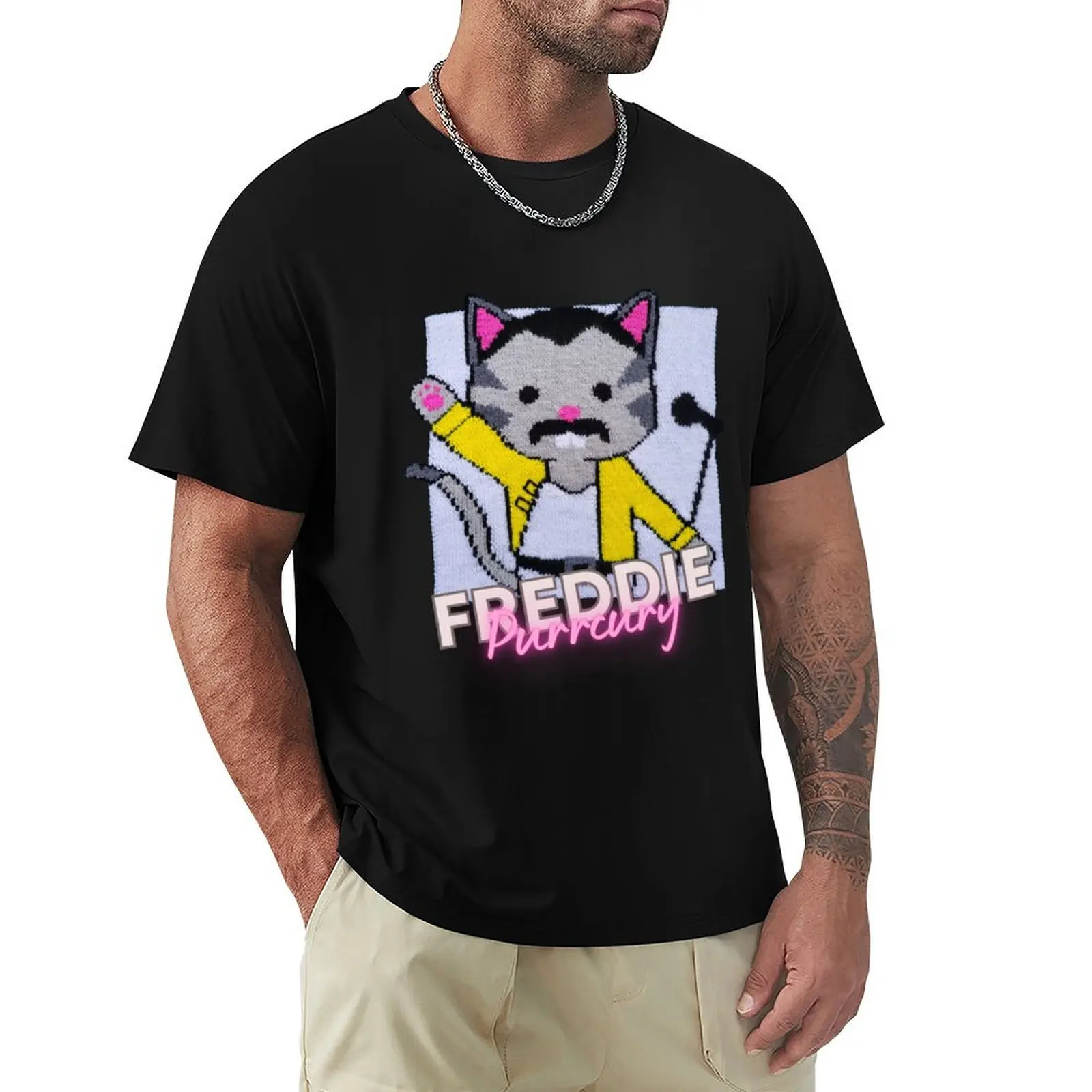 Freddie Purrcury, Music loving Cat Rocking Out T-Shirt Work Daily Short Sleeve Top