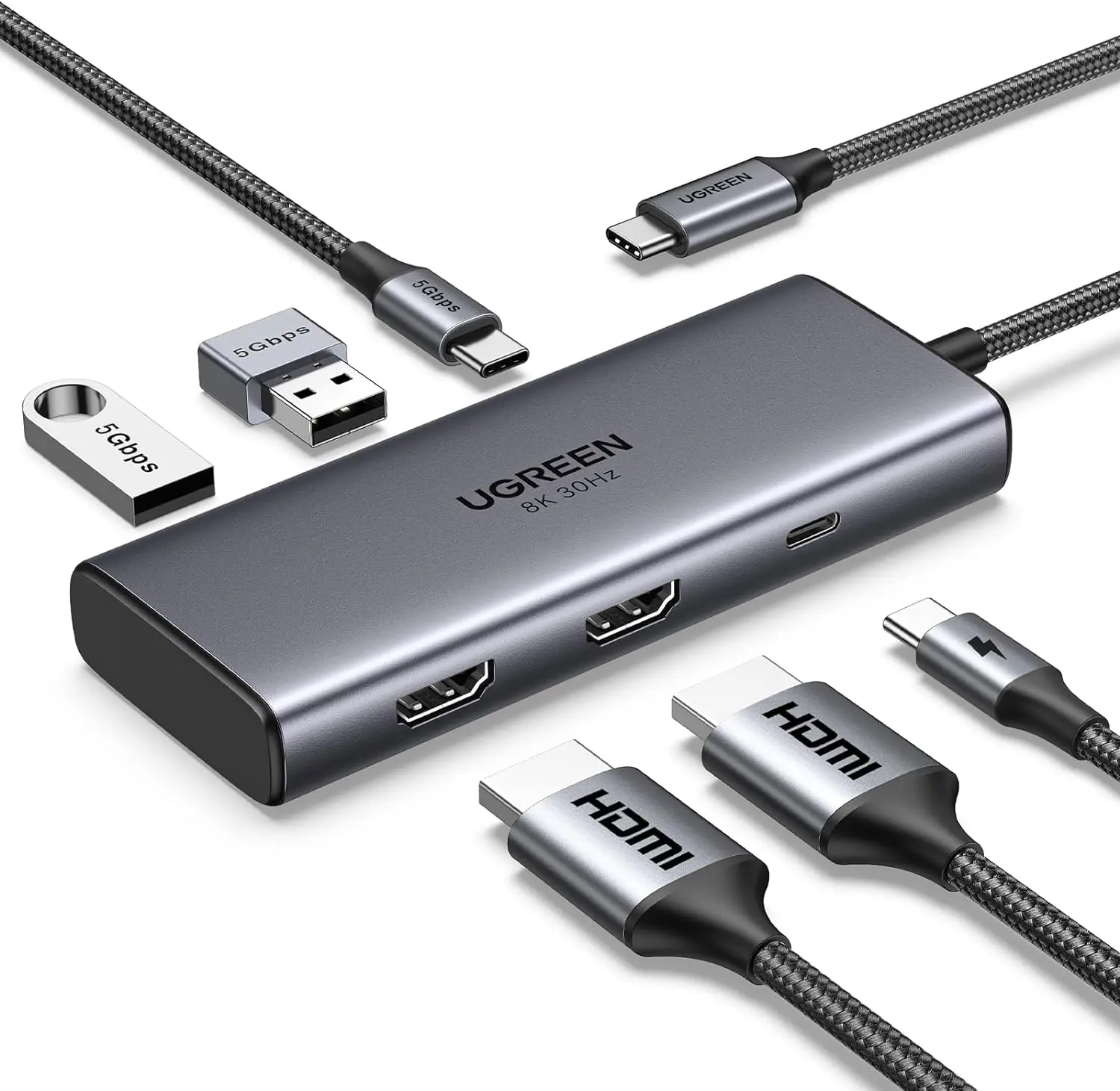 

UGREEN Revodok 206 Docking Station 6 in 1 USB C Dock Dual HDMI-4K@60Hz Single 8K@30Hz 100W PD 5Gbps Data Ports USB C Hub
