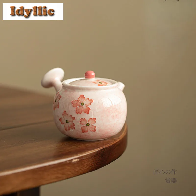 160ml Hand-painted Cherry Blossom Side Handle Teapot Retro Tea Infuser Pot Tea Brewing Kettle With Ball Hole Teaware Decoration