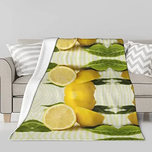 Fresh Lemons Throw Blanket Fruits Vegetables Theme Flannel Blanket Super Soft Lightweight Blanket for Bed Sofa Couch Living Room