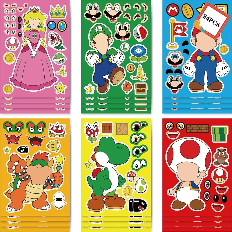 8 Sheets Super Mario Bros Puzzle Stickers Make A Face Anime Game Kawaii Stickers Cute Cartoon DIY Funny Sticker Toy Kids Gift