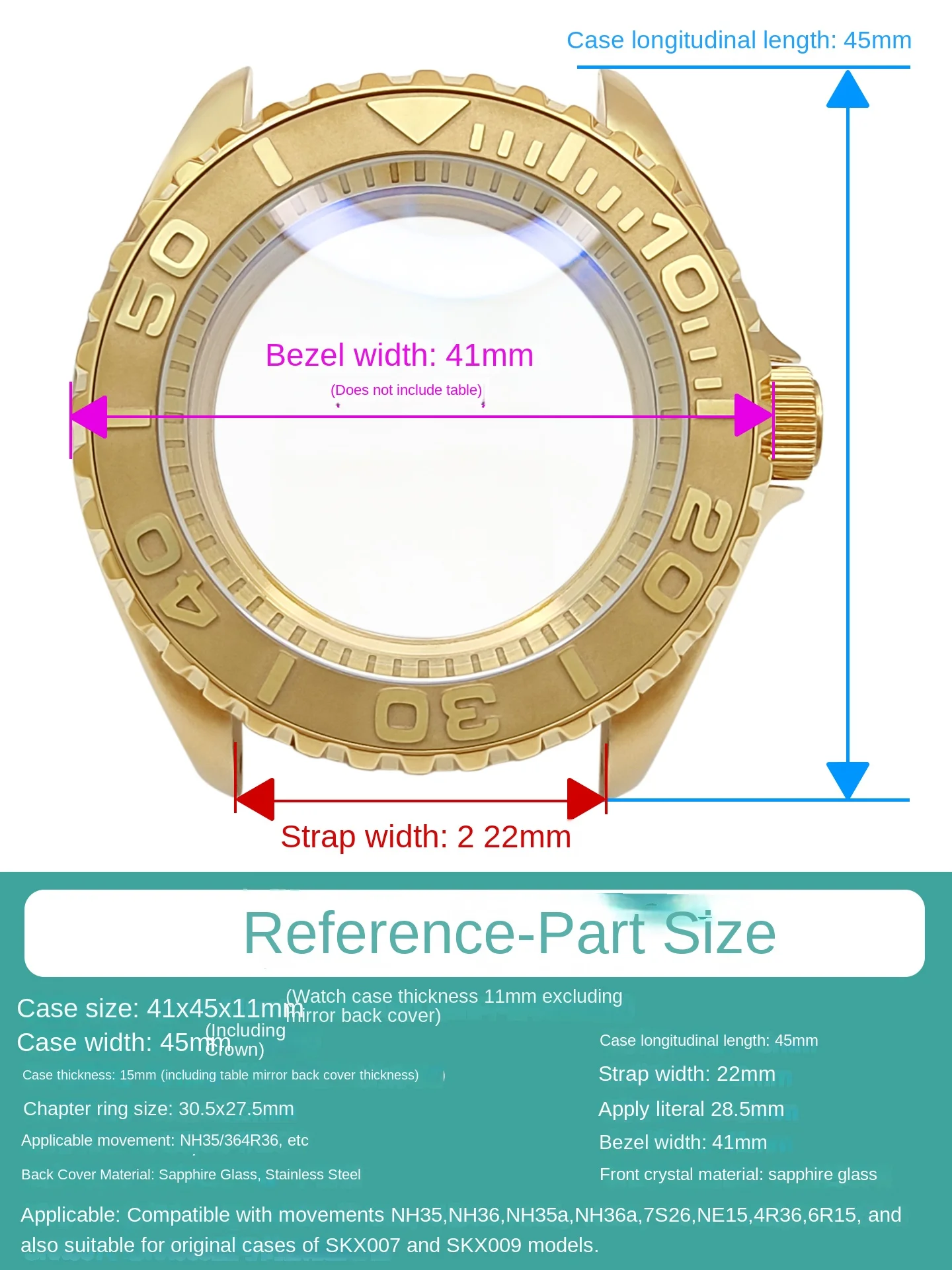 SKX Watch Case set for Seiko SKX007 Bright/Matte Gold Stainless Steel Watch Bezel Ceramic Ring Crown Sapphire Mirror Rear Cover