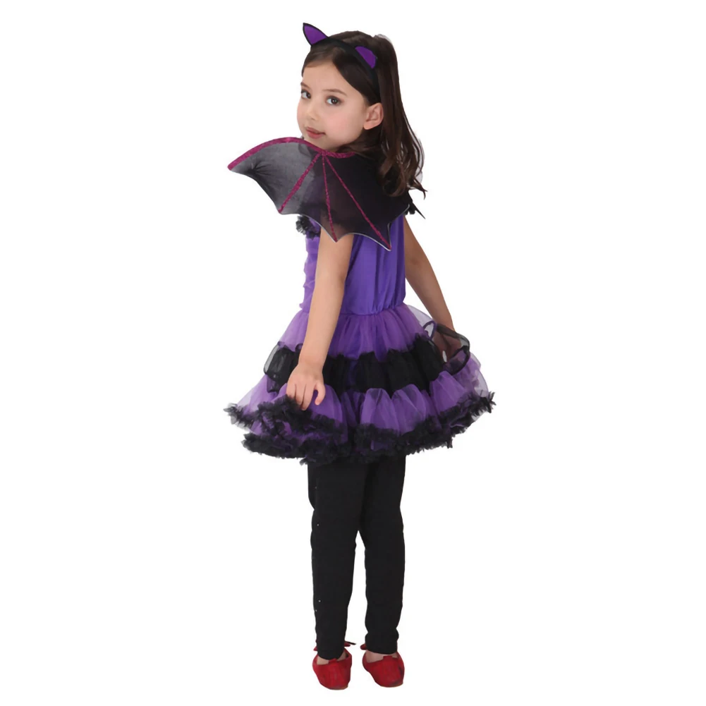 Kids Girls Purple Bat Vampire Princess Dress Fancy Cosplay Costume Witch Clothes with Wing Halloween Role Play Clothing