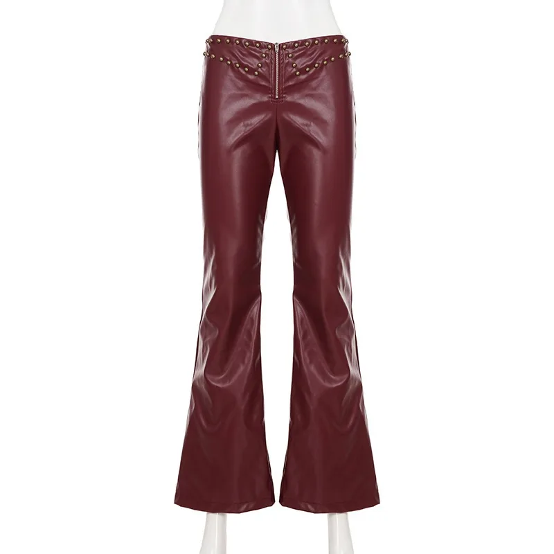 المسامير بولي Leather الجلود مضيئة السراويل النساء موضة مثير سستة منخفضة الخصر سليم التمهيد قطع بنطلون الخوخ الوركين كلوبوير قيعان غير رسمية #3