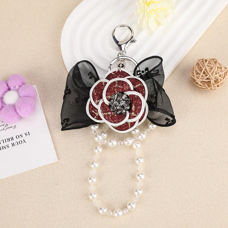 camellia keychain Bow Bag Pendant Keychain Fashion Pearl Chain Korean Car Keychain Women's Circle