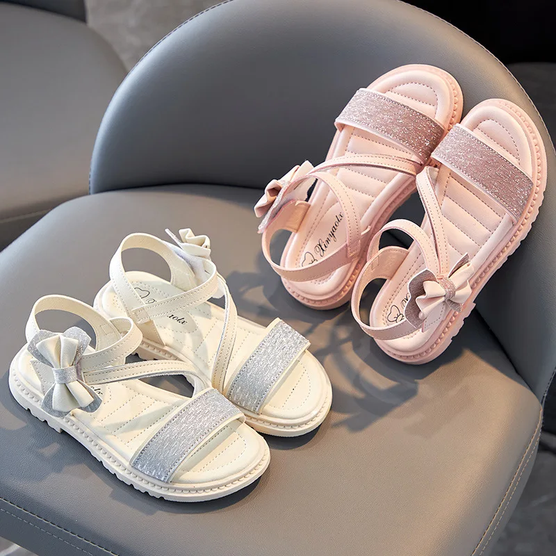 

Fashion Bow 2023 New Glitter Kids Flats Sandals for Girl Shoes Dress Sandal for Girl Shoes Princess Children Summer Beach Sandal