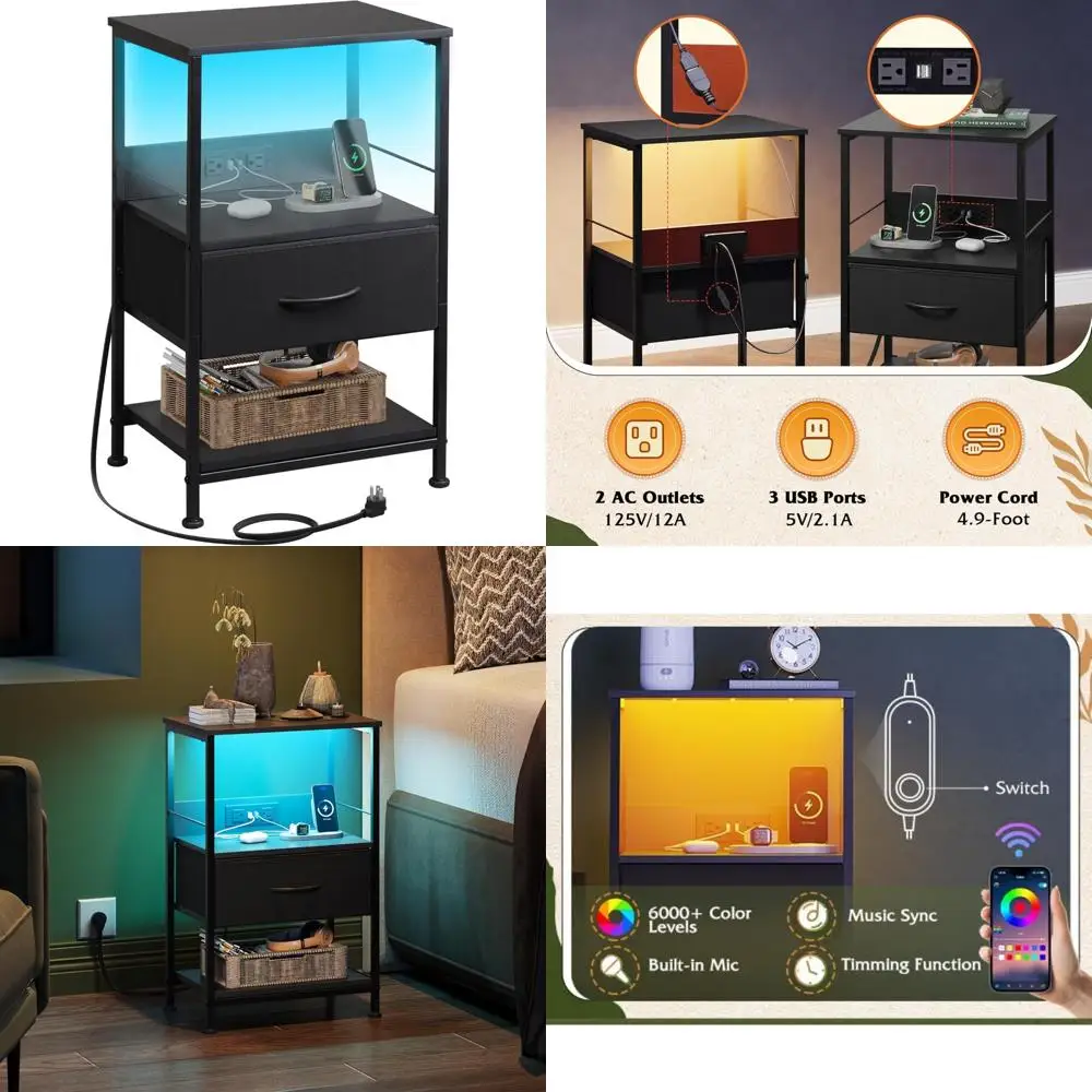 

Прикроватная тумбочка для зарядной станции со светодиодной подсветкой и регулируемым тканевым ящиком, 3-уровневое хранилище