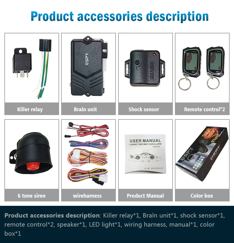 Hot Sale SPY 2-Way Car Alarm System Anti-hijacking LCD with Ignition Control One-button start 1500meters Vibration alarm etc.
