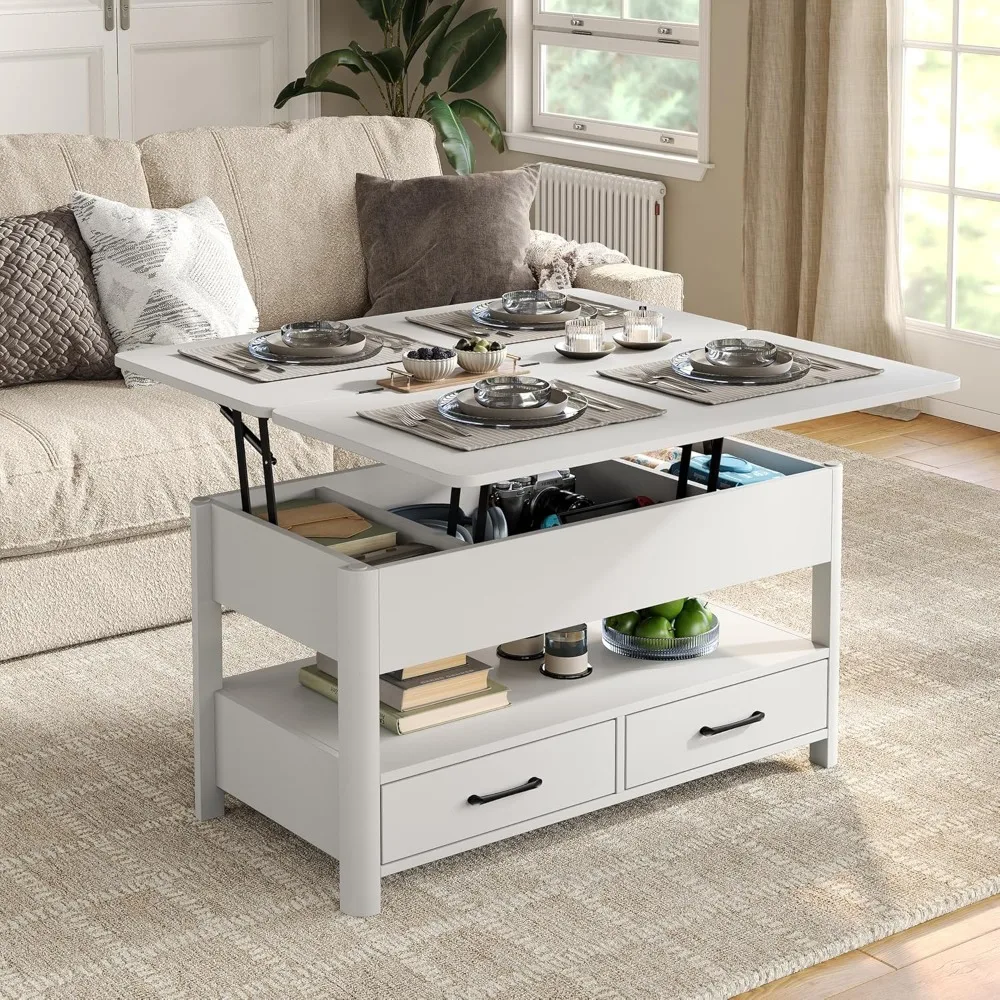 

Lift Top Coffee Table with Drawers and Hidden Compartment, Coffee Table Converts to Dining Table for Living Room