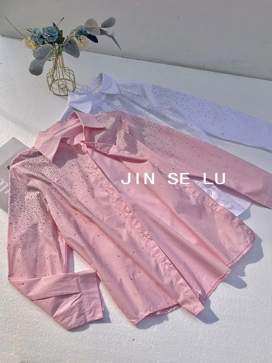 sweet Pink Loose-Fitting Fashion Rhinestone Shirt Female 2024 Spring High-Grade Long Sleeve Single-Breasted Shirt for Women