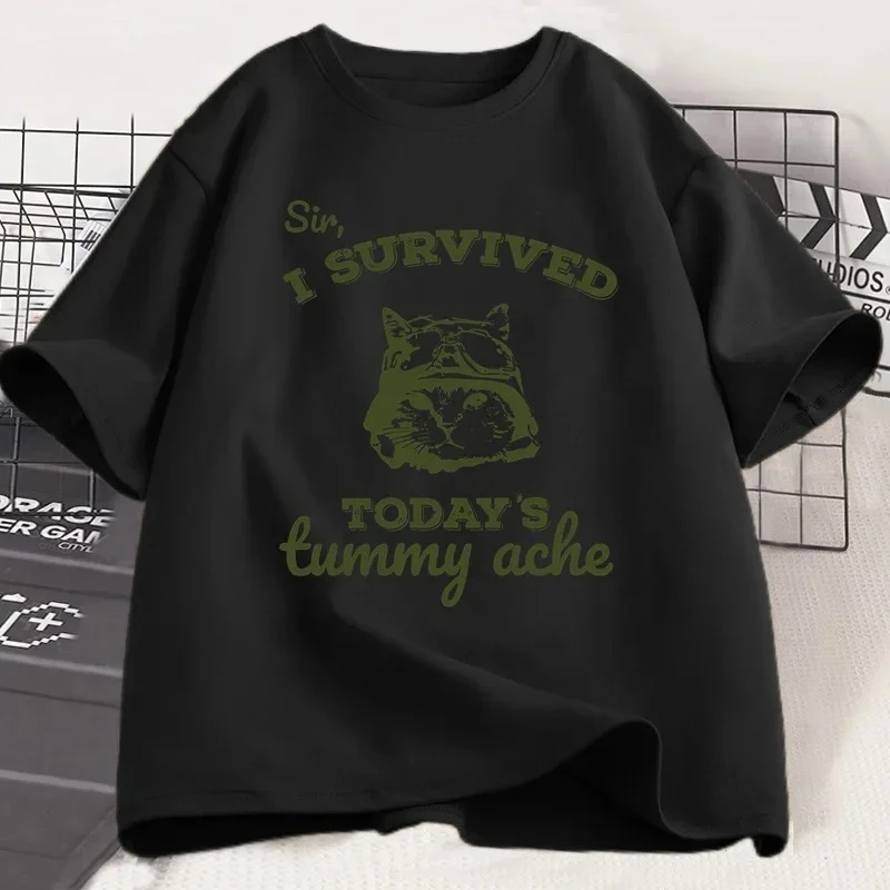 Eu sobreviviu a barriga de hoje, dor na barriga, falta da camiseta, gato engraçado, gatinho, estampa, camiseta feminina, roupas de grife, camiseta gráfica y2k