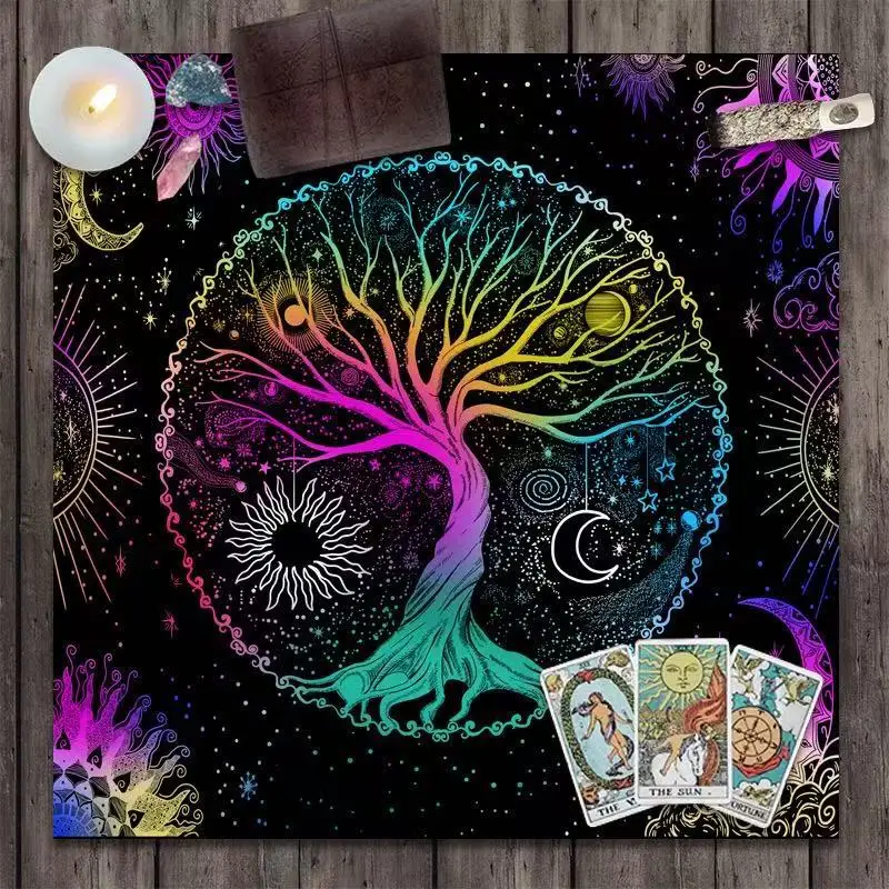VIKAMA Sternennacht Schwarze Katze Mondphasen Tarotkarten Altartuch Blaue Rosenblüten Tischmatte Mystische Ritual-Wahrsagematte
