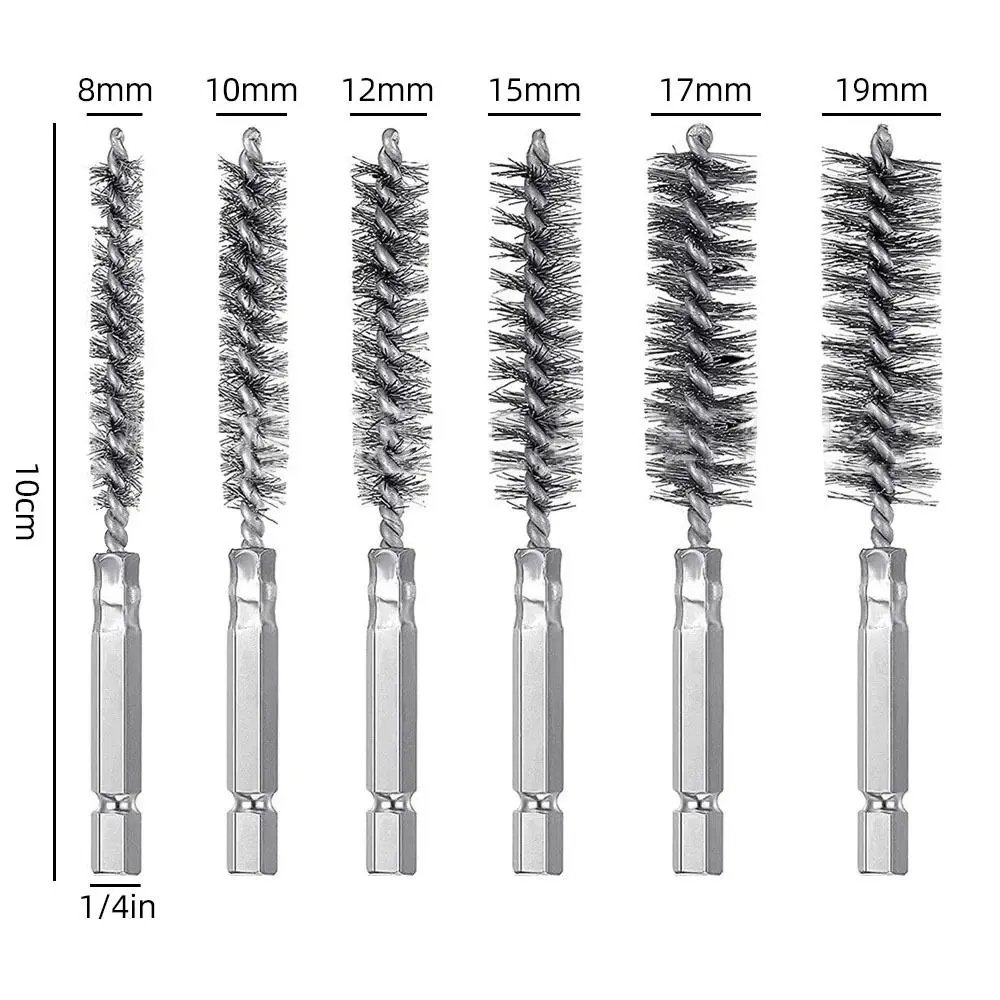 1/6 buah alat poles cuci sikat bor baja tahan karat dengan pegangan sikat Borebrush kawat putar 8-19mm 1/4 6.35mm Shank Hex