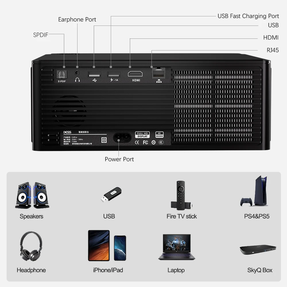 DESS 4k Projector Full HD Native 1080P 1800 Lumens Home Theater Auto Keystone 32GB Storage Memory Video Audio LCD Projector