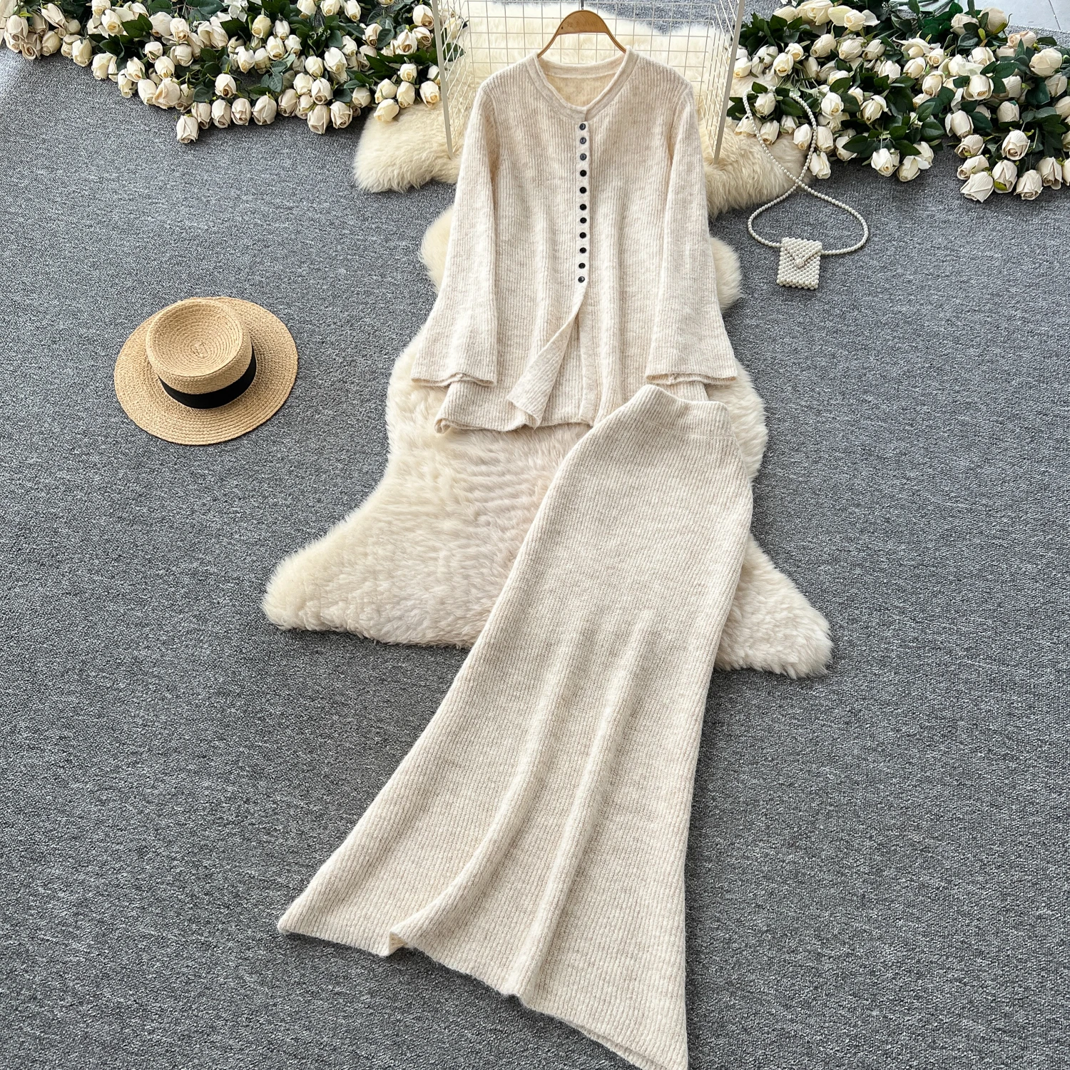 Casual Chic Knitted 2 Piece Set Women's Autumn Winter Loose Round Neck Single-breasted Top+High-waist Elastic Waist Skirt Set