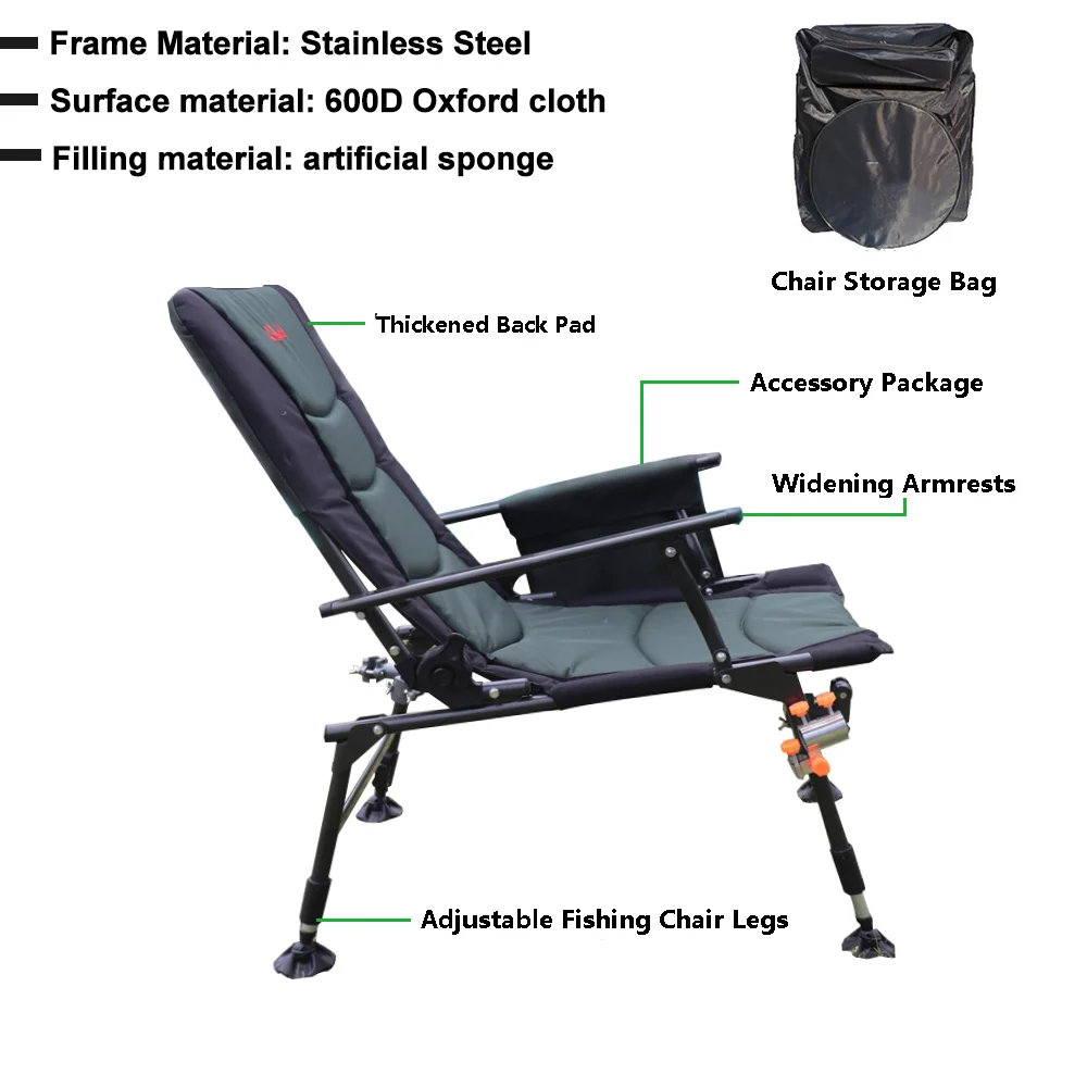 150KG Multifunction Fishing Chair Outdoor Camping Chair with 160° Adjustable High Backrest Support Portable Leisure Chair