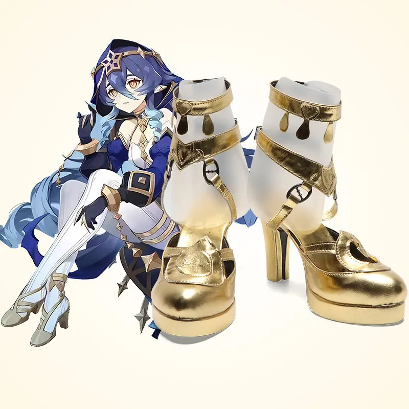 Anime Genshin Impact Layla Cosplay Shoes Golden High Heels Short PU Leather Boots For Halloween Carnival