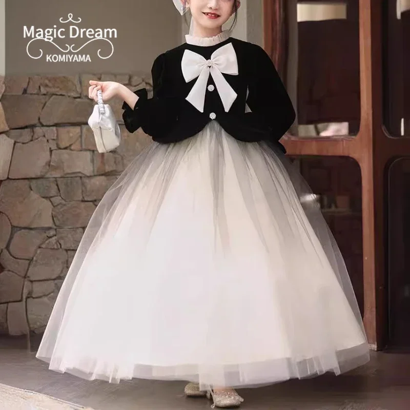 O-nekc Long Sleeve Kids Birthday Party Vestidos Elegant Bow Design Ball Gown Princess Dress Tiered Temperament Flower Girls Robe